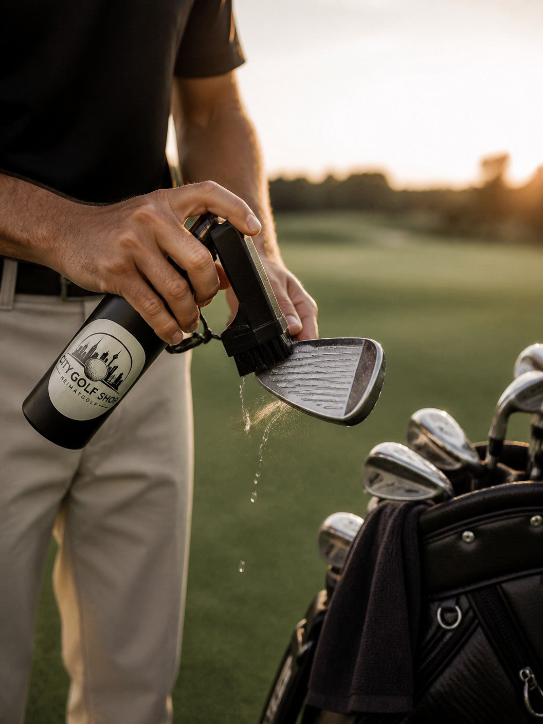 City Golf Shop Golfschläger-Bürstenreiniger in Mattschwarz mit Sprühfunktion reinigt ein Eisen auf dem Golfplatz