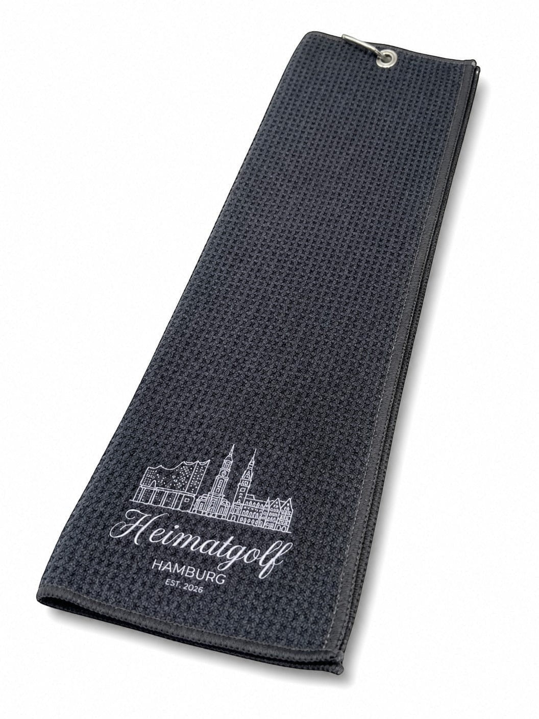 City Golf Shop schwarzes Golfschlägerhandtuch aus Waffel-Piqué mit weißer Hamburger Skyline Stickerei und Karabiner