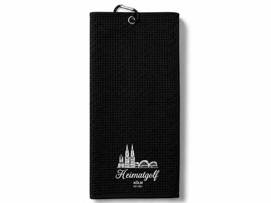City Golf Shop Waffel-Golftuch in Schwarz mit weißem Kölner Dom Motiv und Karabinerhaken zur Befestigung am Golfbag