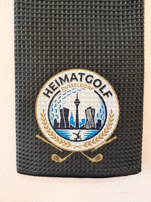 Heimatgolf Premium Waffel-Caddiehandtuch „Düsseldorf Edition“ – Stealth Black