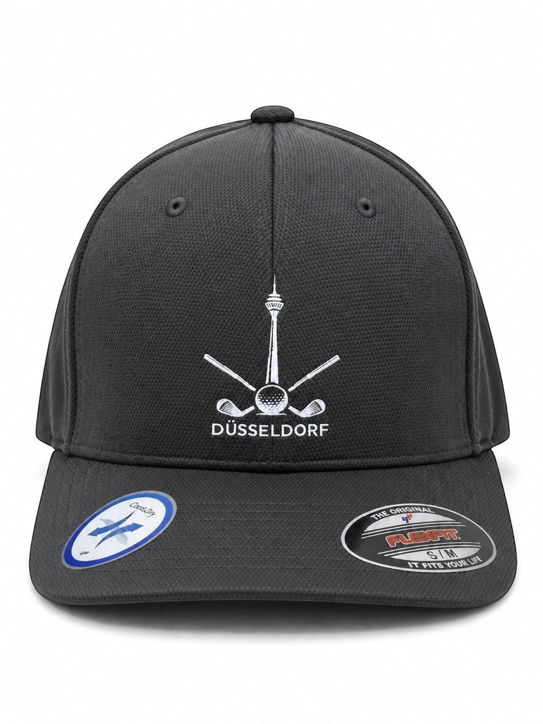 City Golf Shop Heimatgolf Flexfit Cap in Anthrazit mit weißem Rheinturm und Golfschläger Logo
