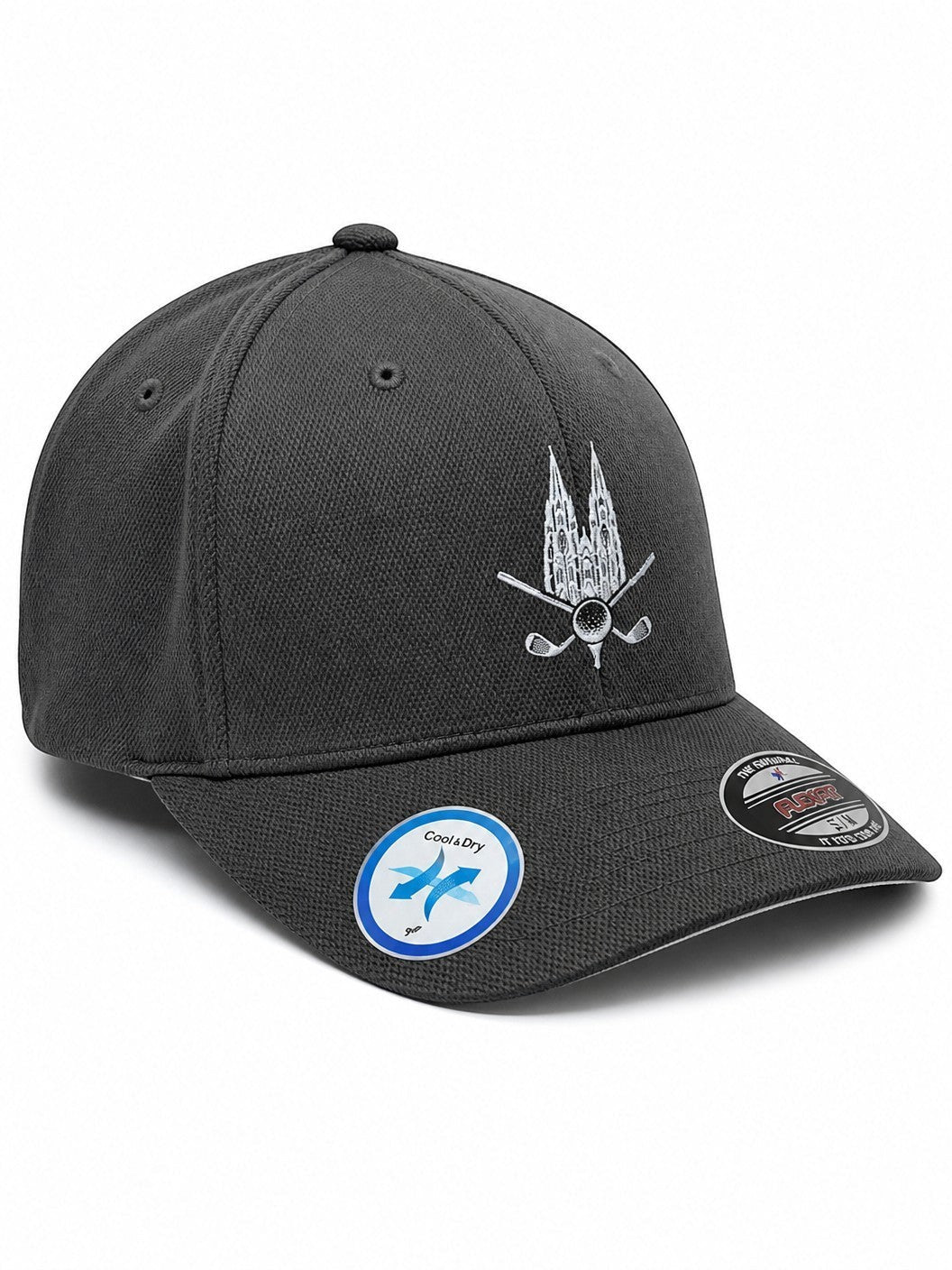 City Golf Shop Heimatgolf Flexfit Cap in Anthrazit mit Kölner Dom Stickerei und Cool & Dry Performance-Gewebe
