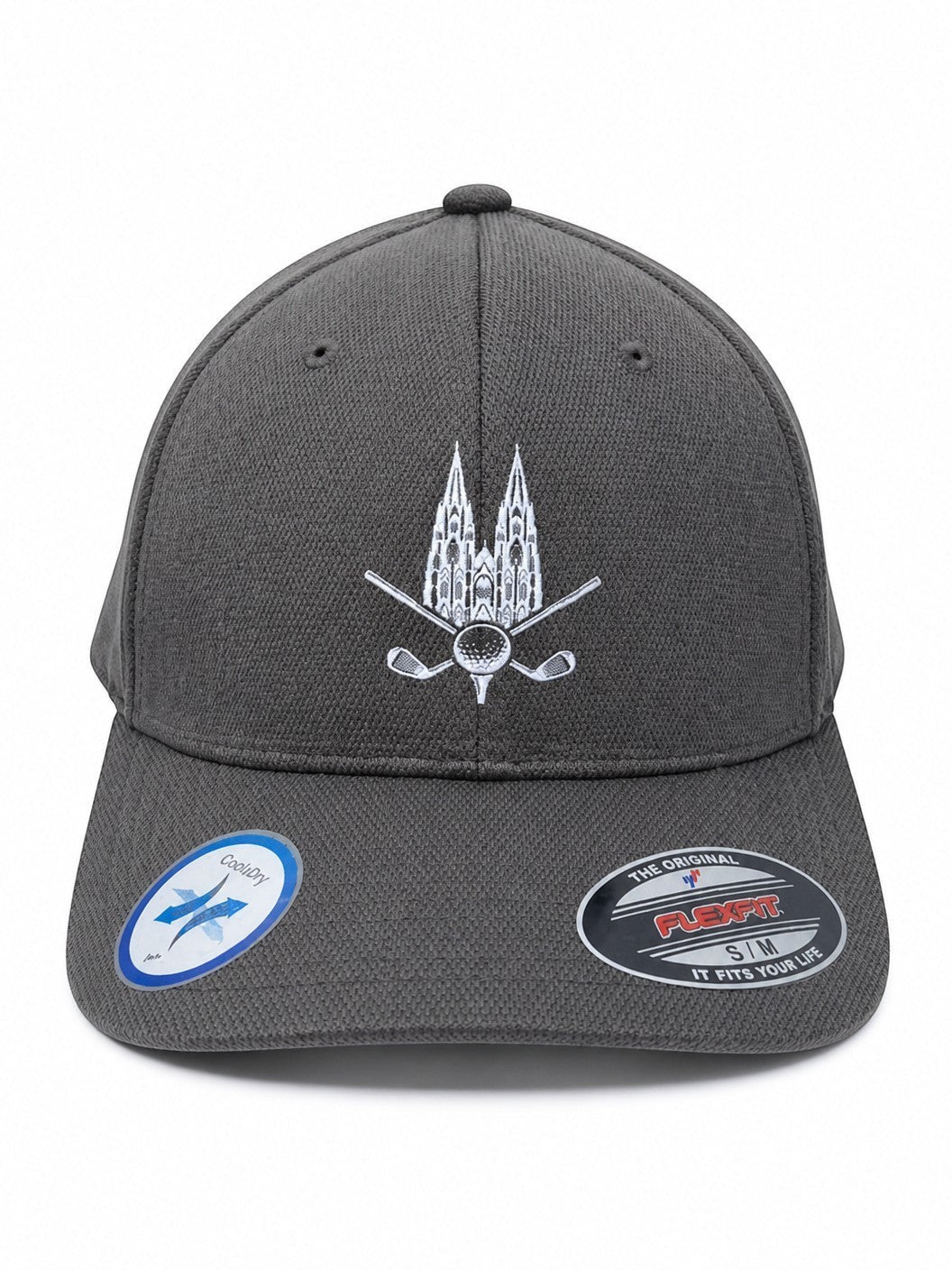 City Golf Shop Heimatgolf Flexfit Cap in Anthrazit mit weißem Kölner Dom und Golfschläger-Stickerei