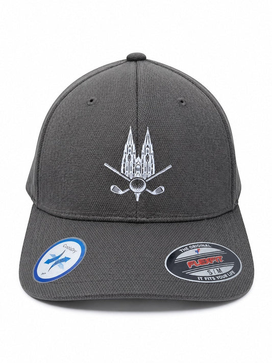 City Golf Shop Heimatgolf Flexfit Cap in Anthrazit mit weißem Kölner Dom und Golfschläger-Stickerei