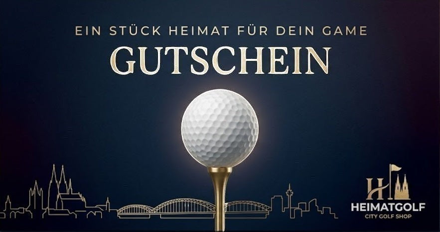 City Golf Shop Geschenkgutschein mit einem Golfball auf einem Tee vor einer dunklen Skyline-Silhouette