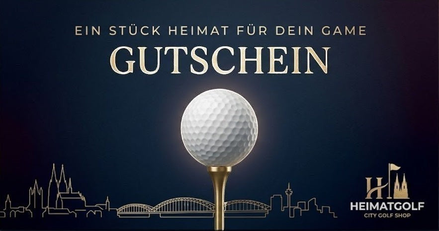 City Golf Shop Geschenkgutschein mit Golfball auf einem Tee vor einer dunklen Skyline-Silhouette