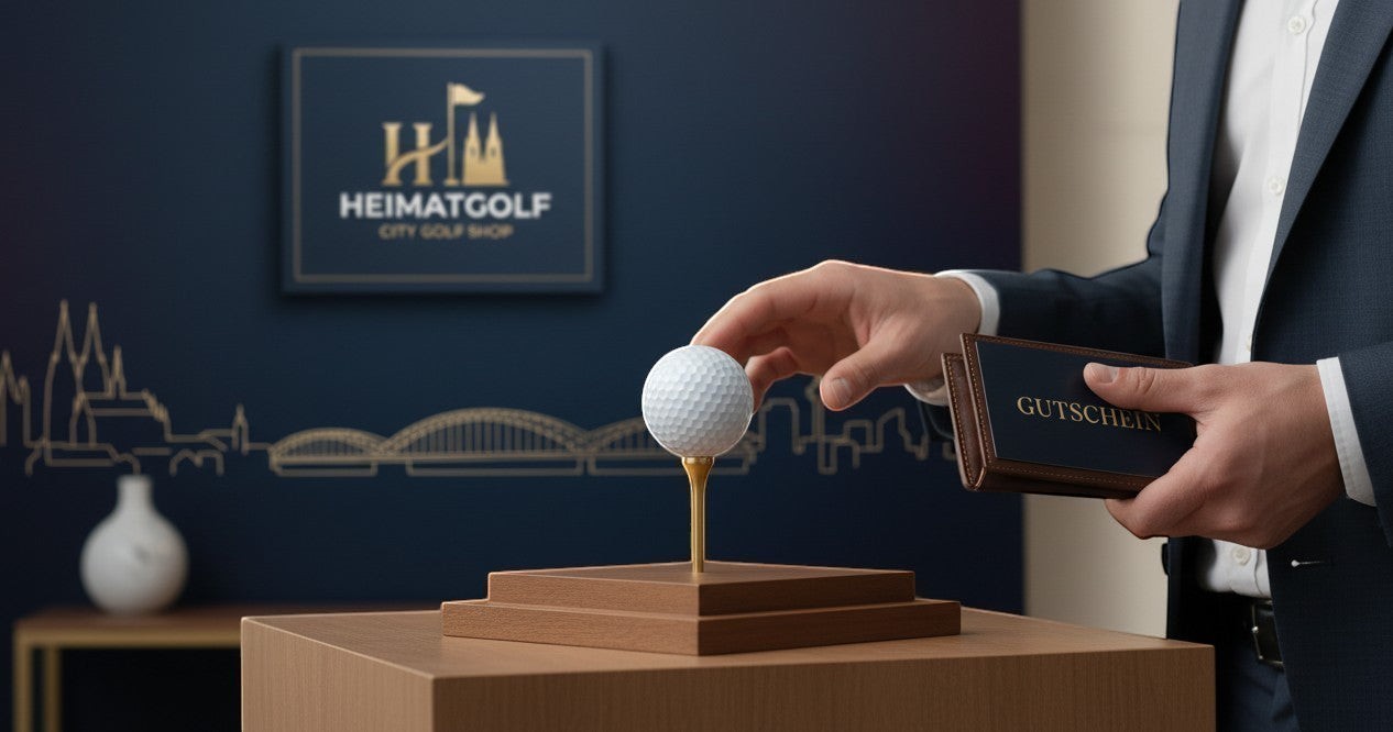City Golf Shop Geschenkgutschein präsentiert von einer Hand mit Golfball auf einem Tee vor einem eleganten Hintergrund