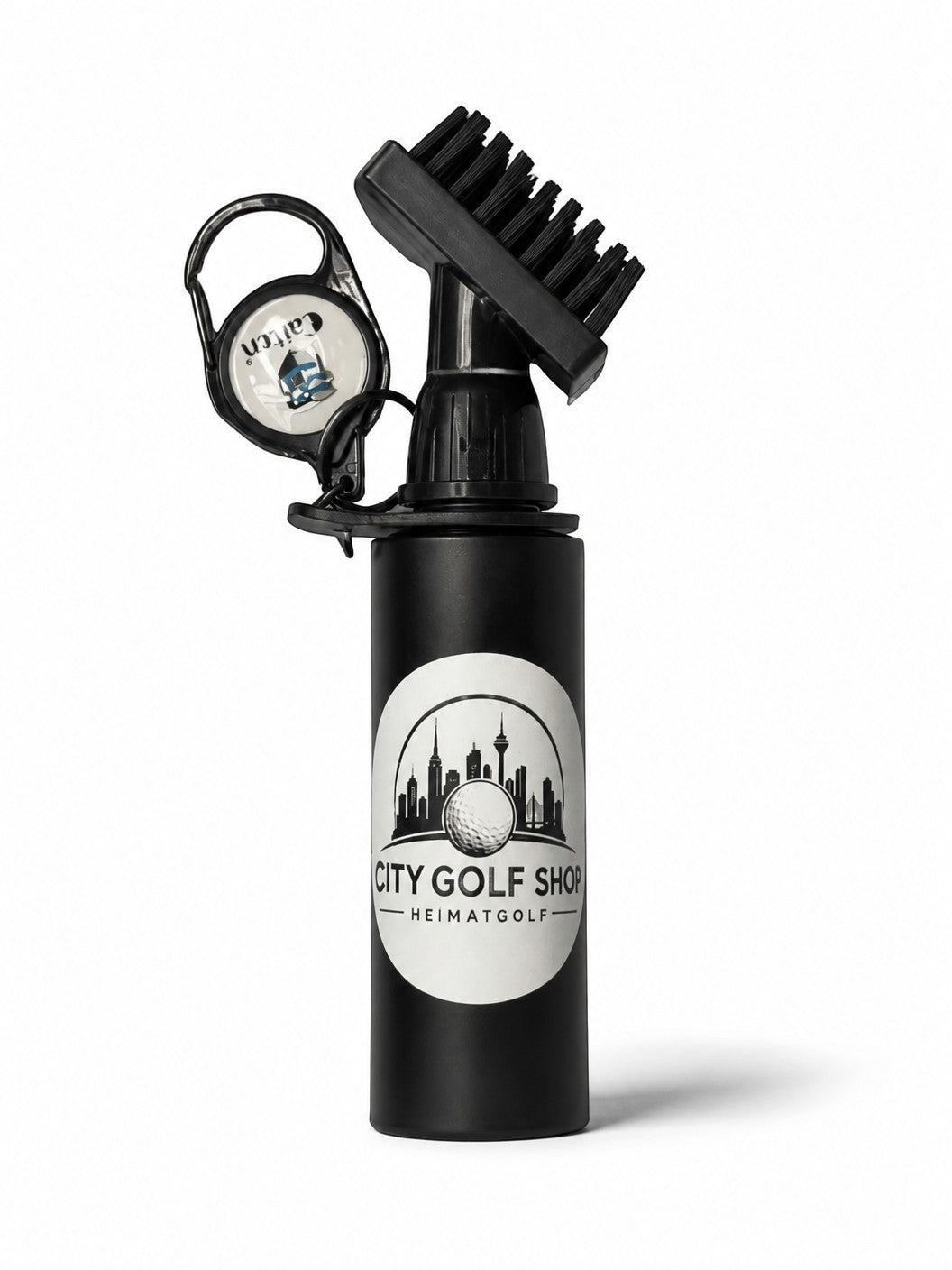 City Golf Shop Golfschläger-Bürstenreiniger in Mattschwarz mit Sprühfunktion, Nylon-Borsten und ausziehbarem Karabiner.