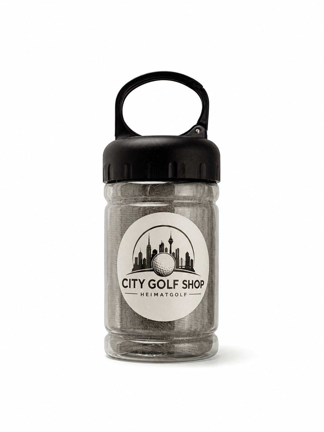City Golf Shop graues Mikrofaser Cooling Handtuch in transparenter Kunststoffdose mit schwarzem Karabiner