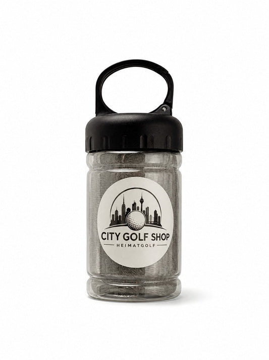 City Golf Shop graues Mikrofaser Cooling Handtuch in transparenter Kunststoffdose mit schwarzem Karabiner