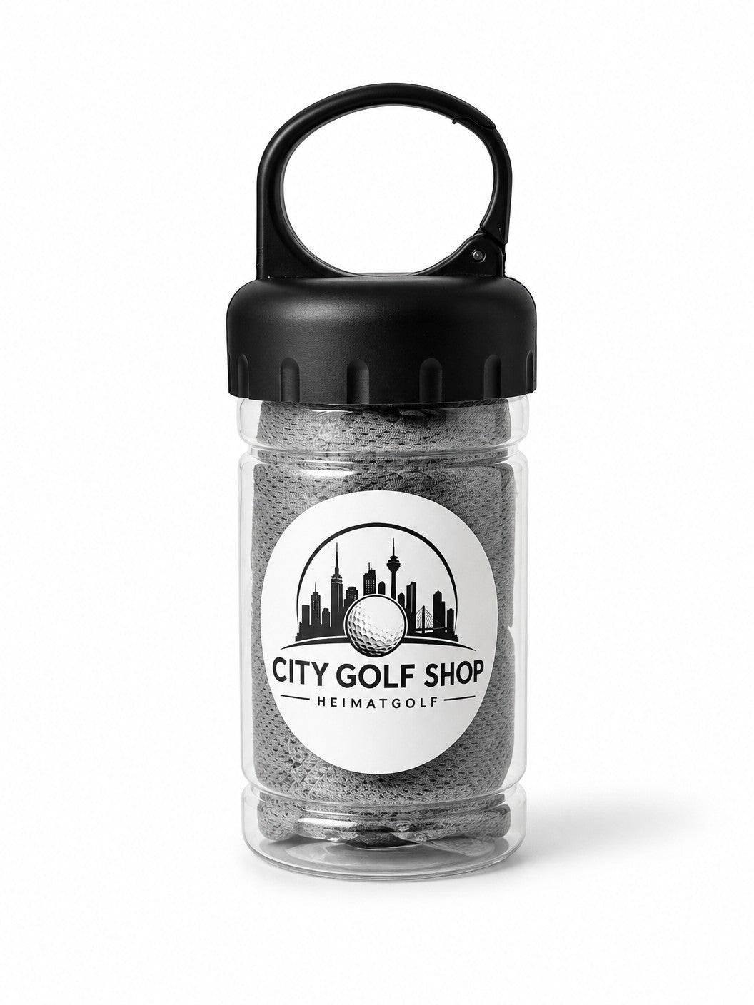 Graues City Golf Shop Mikrofaser Cooling Handtuch in einer transparenten Kunststoffflasche mit schwarzem Karabiner.