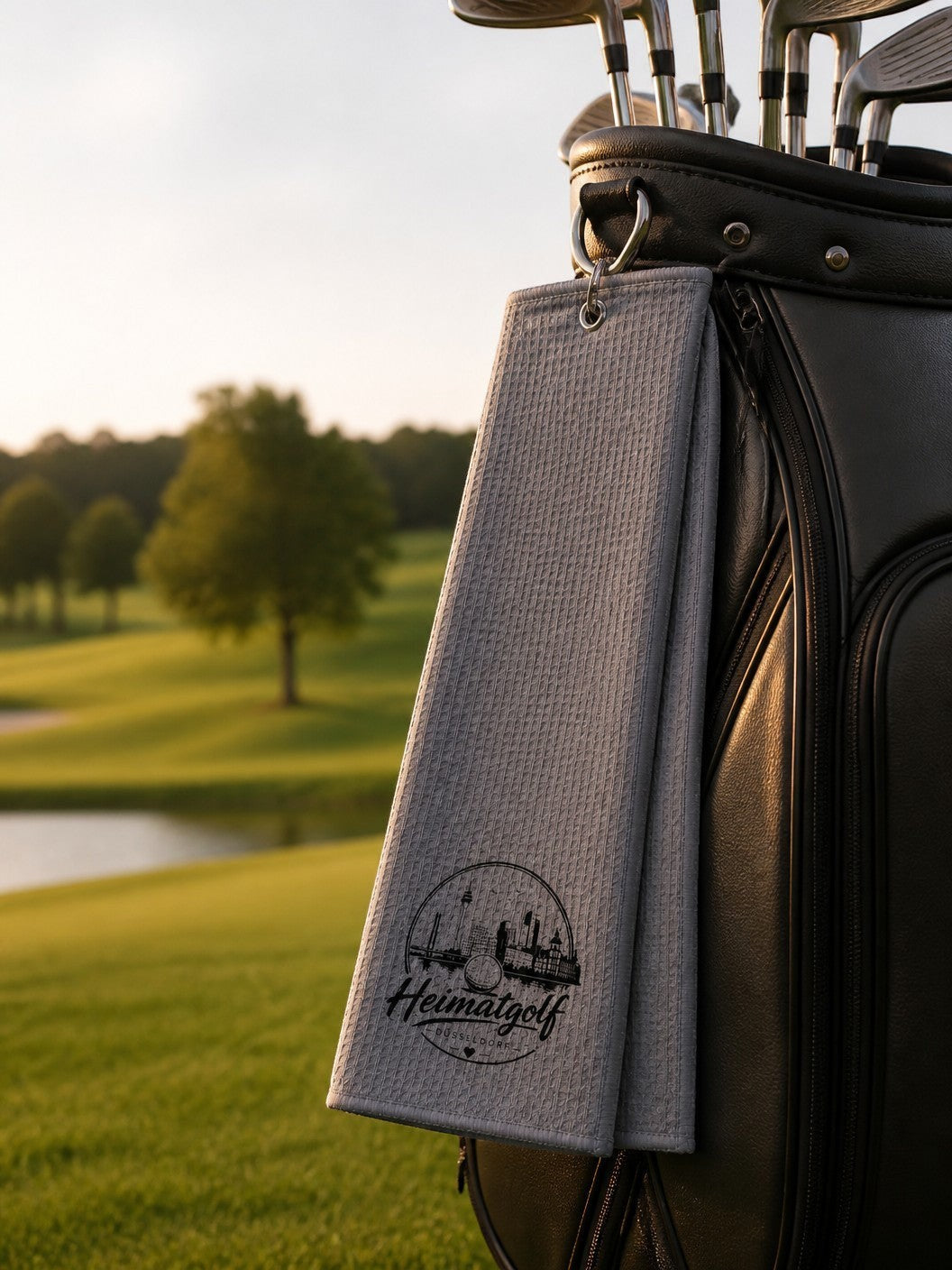 City Golf Shop graues Waffel-Golfhandtuch mit Düsseldorf-Motiv und Karabiner, befestigt an einem Golfbag auf dem Platz.