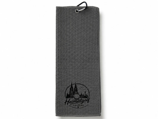 City Golf Shop Waffel-Golftuch in Grau mit Kölner Dom Motiv und Karabinerhaken für das Golfbag