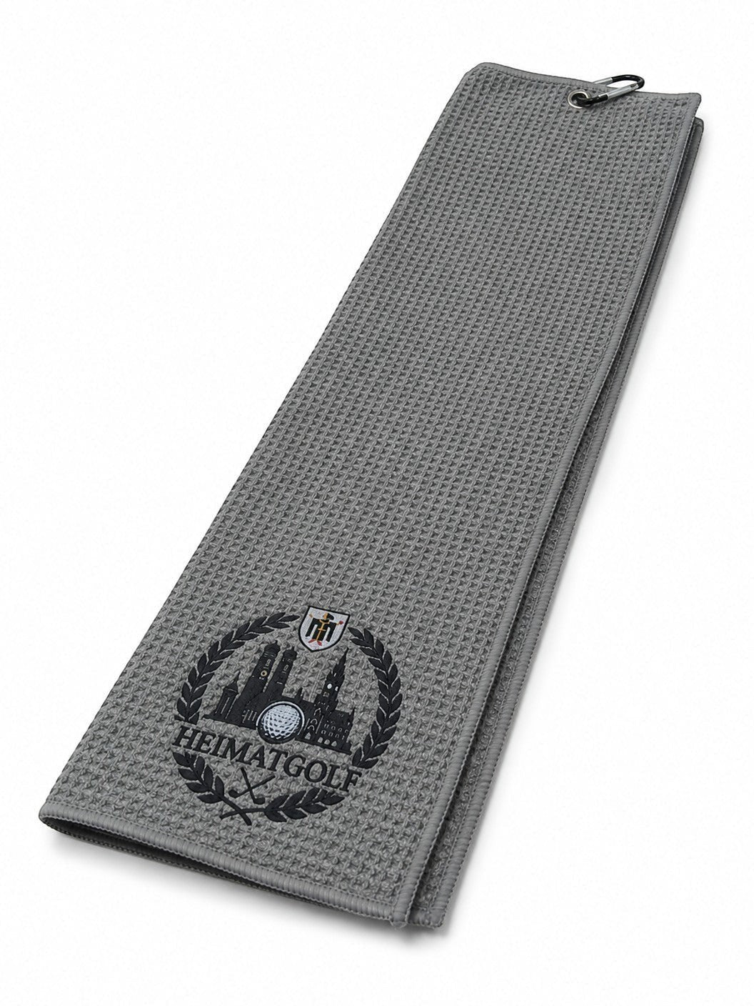 City Golf Shop graues Waffel-Golfhandtuch mit Heimatgolf München Logo und praktischem Karabinerhaken