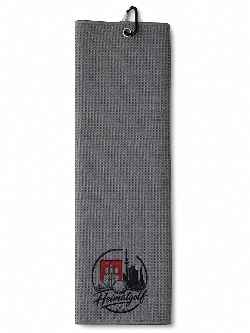 City Golf Shop Waffel-Golftuch in Grau mit Hamburger Stadtwappen-Motiv und praktischem Karabinerhaken