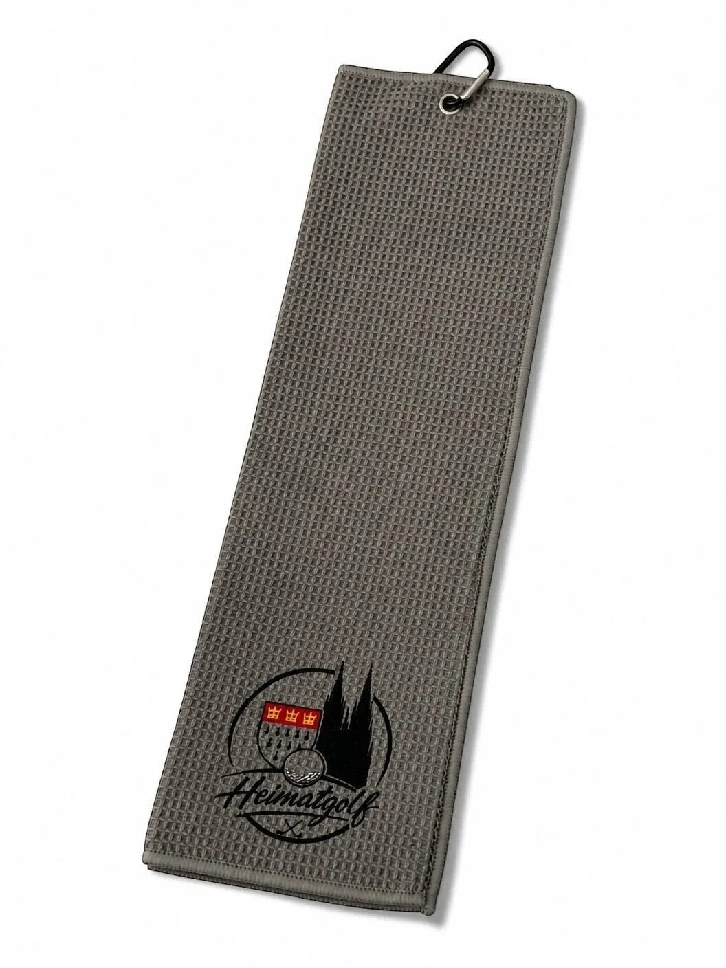 City Golf Shop Waffel-Golftuch in Grau mit Heimatgolf Köln Motiv, Kölner Dom Logo und praktischem Karabinerhaken.