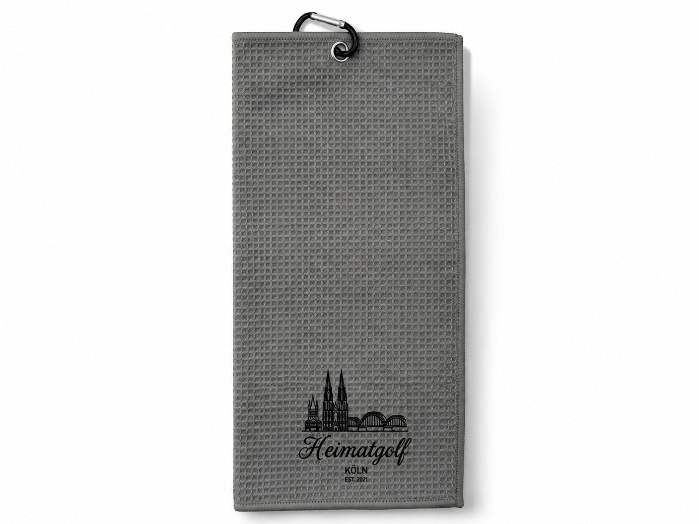 City Golf Shop Waffel-Golftuch in Grau mit schwarzem Köln-Dom-Motiv und praktischem Karabinerhaken