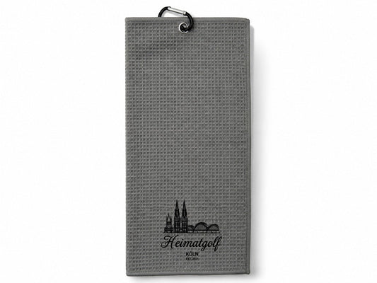 City Golf Shop Waffel-Golftuch in Grau mit schwarzem Köln-Dom-Motiv und praktischem Karabinerhaken