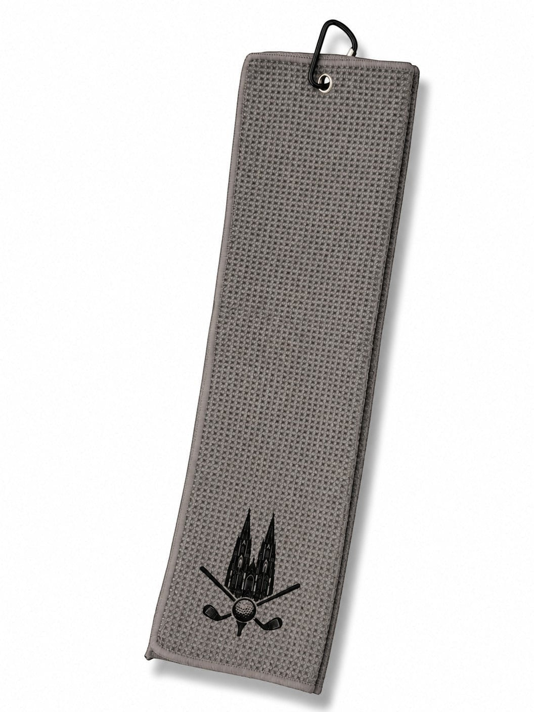 City Golf Shop Waffel-Golftuch in Grau mit Kölner Dom Motiv und praktischem Karabinerhaken für das Golfbag