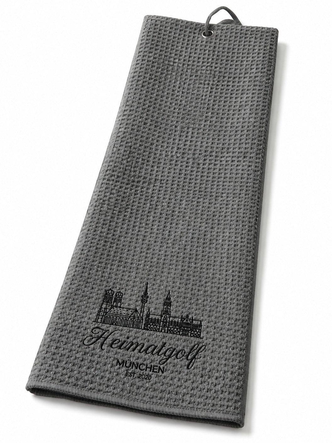 City Golf Shop graues Waffel-Golftuch mit München Skyline Motiv und Karabiner zur Befestigung am Golfbag