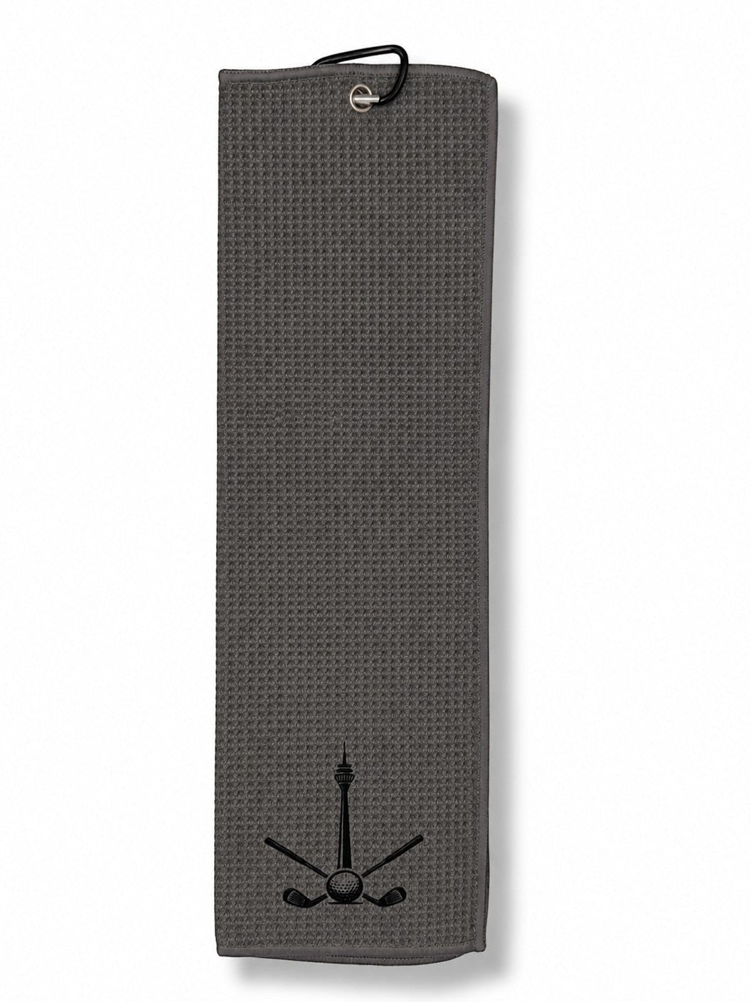 City Golf Shop Waffel-Golftuch in Grau mit Rheinturm-Motiv und Karabinerhaken zur Befestigung am Golfbag