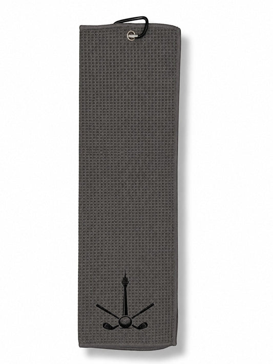 City Golf Shop Waffel-Golftuch in Grau mit Rheinturm-Motiv und Karabinerhaken zur Befestigung am Golfbag