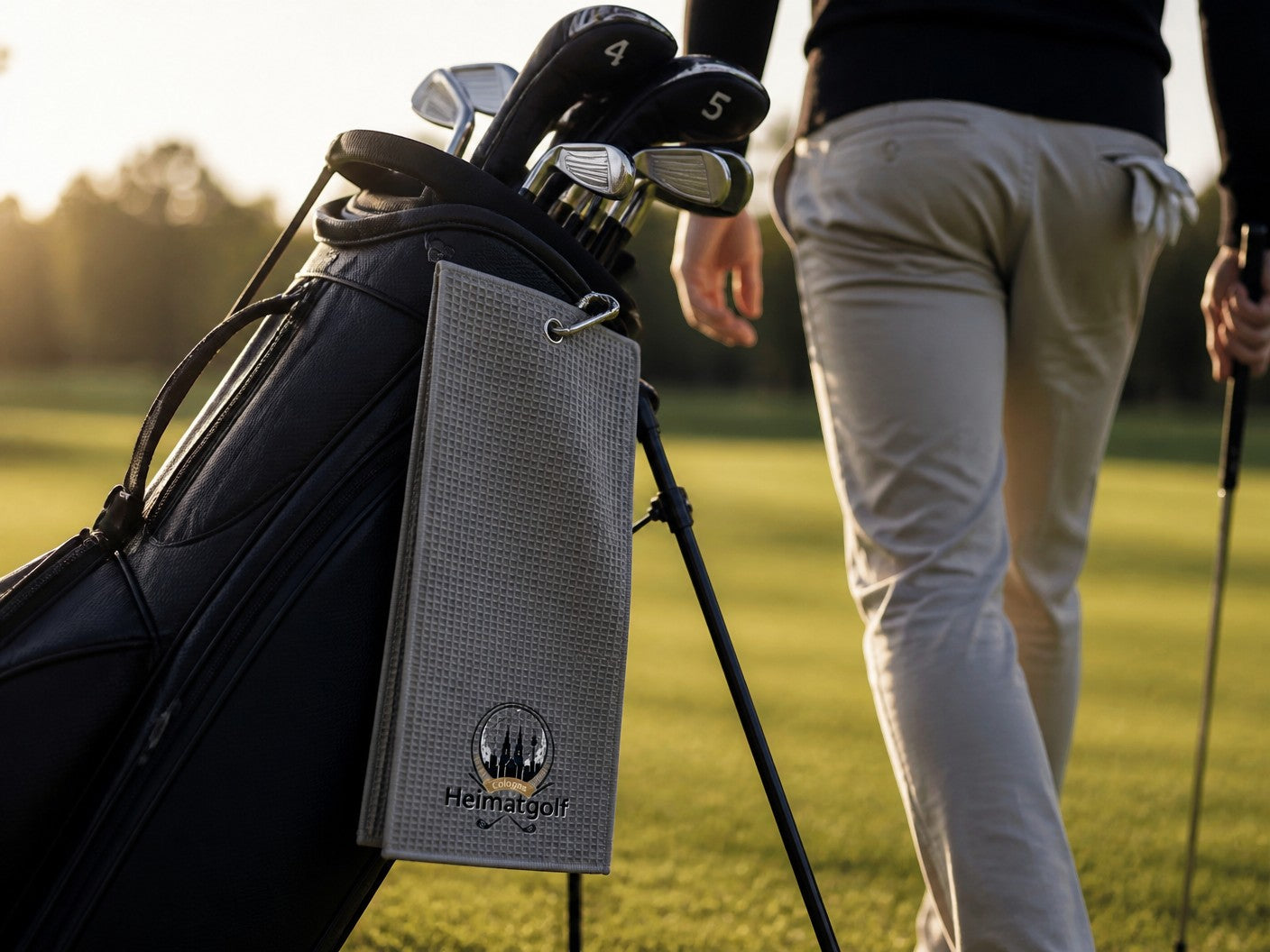 City Golf Shop graues Waffel-Golftuch mit Kölner Dom Motiv, befestigt an einem Golfbag auf dem Golfplatz