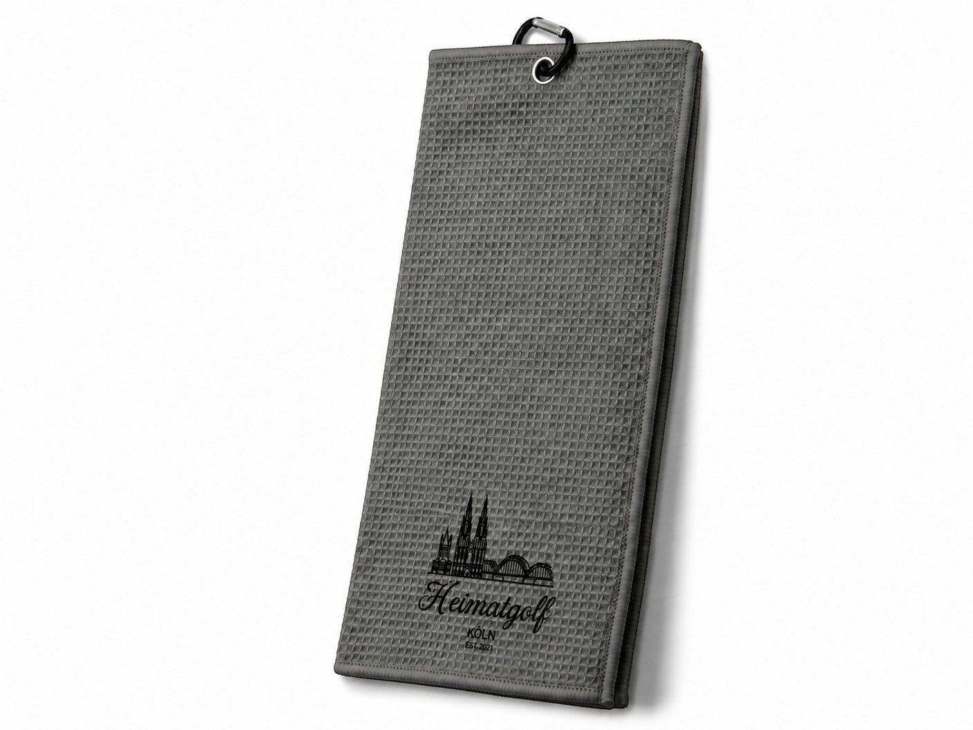 City Golf Shop Waffel-Golftuch in Grau mit Kölner Dom Motiv und Karabiner zur Befestigung am Golfbag