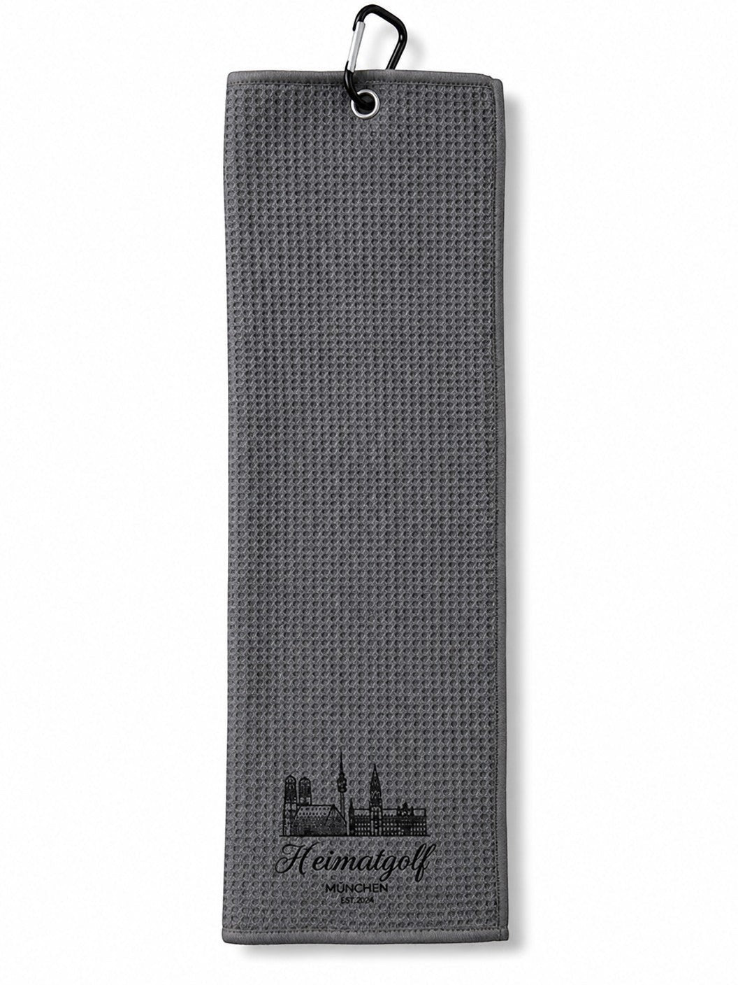 Graues City Golf Shop Waffel-Golftuch mit München-Skyline-Druck und praktischem Karabinerhaken