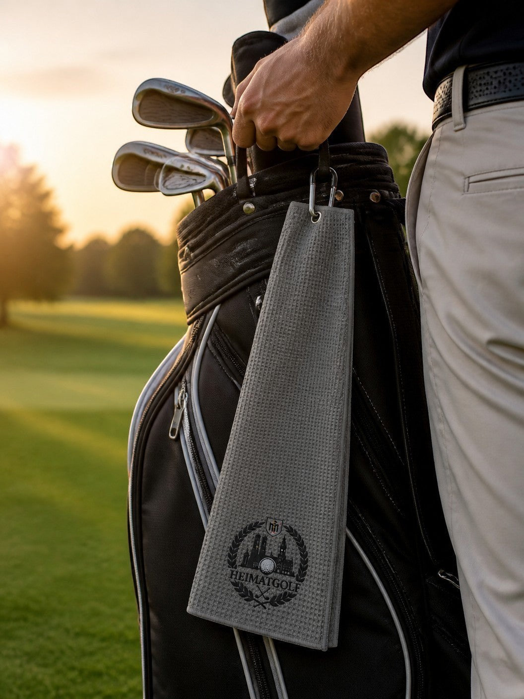 City Golf Shop Waffel-Golftuch in Grau mit Heimatgolf München Logo, befestigt an einem Golfbag bei Sonnenuntergang.