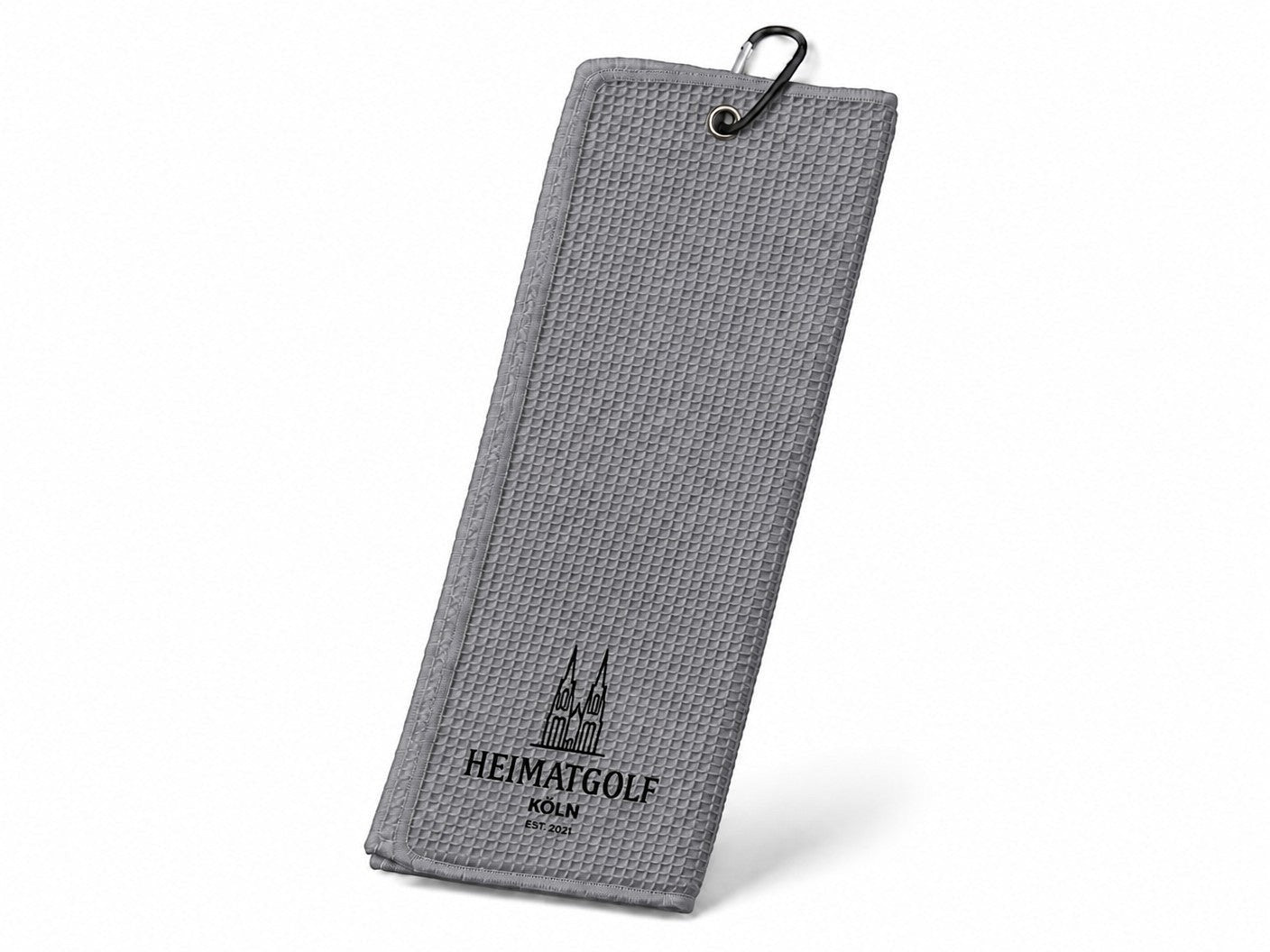 Graues City Golf Shop Waffel-Golftuch mit Domspitzen-Motiv und Karabinerhaken für das Golfbag