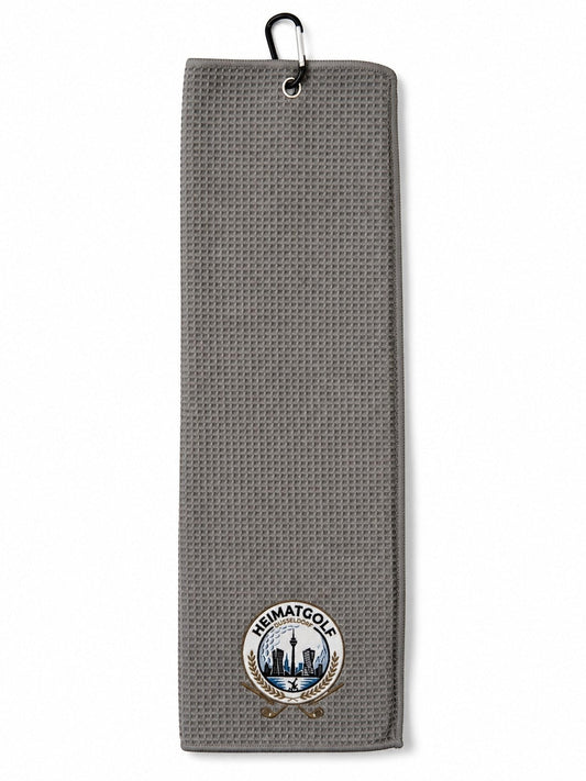 City Golf Shop graues Waffel-Golftuch mit Radschläger-Motiv und Karabinerhaken zur Befestigung am Golfbag