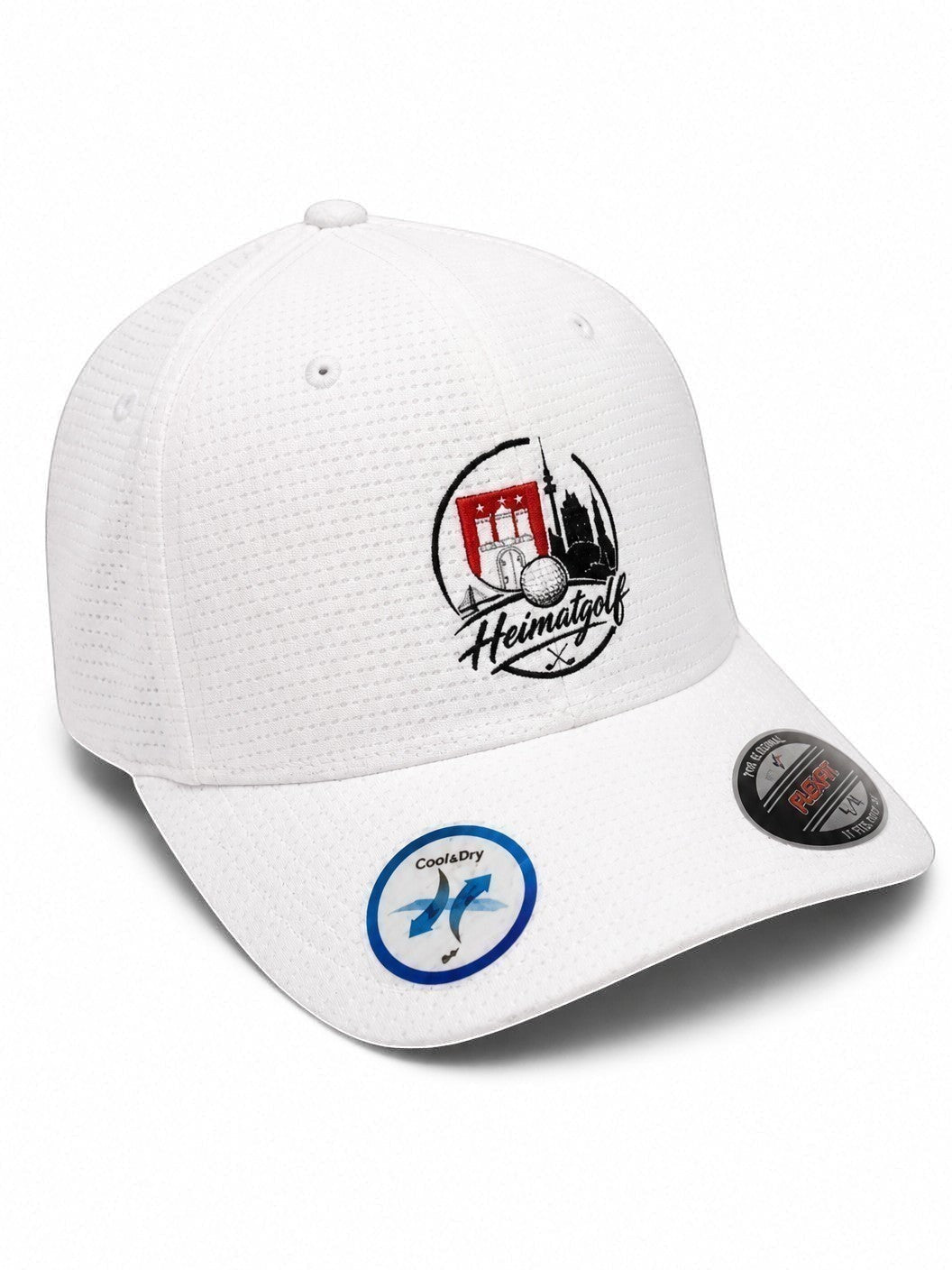 City Golf Shop Heimatgolf Flexfit Cap in Weiß mit Hamburg-Logo, Cool & Dry Material und Wabenstruktur.