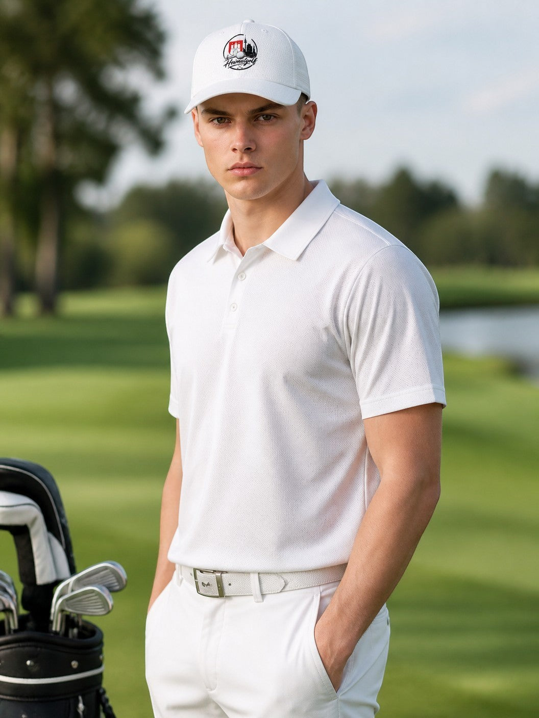 City Golf Shop Heimatgolf Flexfit Cap in Weiß mit Hamburg-Stickerei auf einem Golfer auf dem Golfplatz
