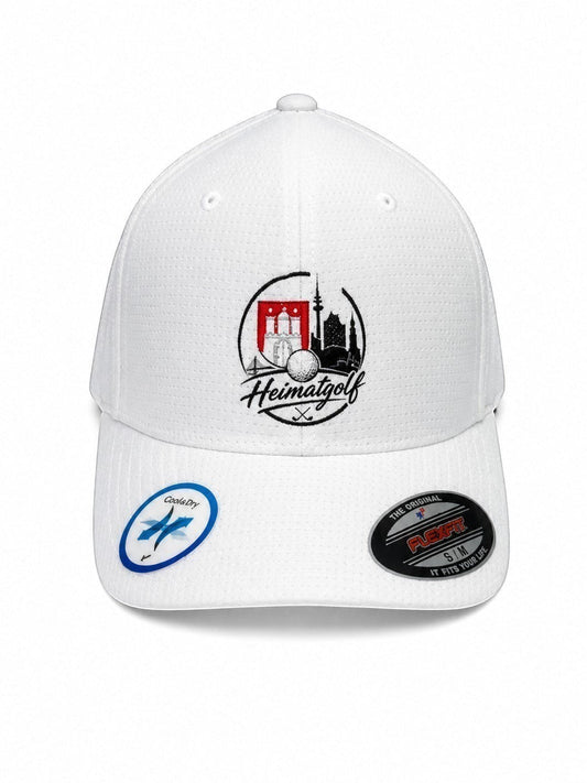 City Golf Shop Heimatgolf Flexfit Cap in Weiß mit Hamburg-Logo, Cool & Dry Material und strukturiertem Gewebe.