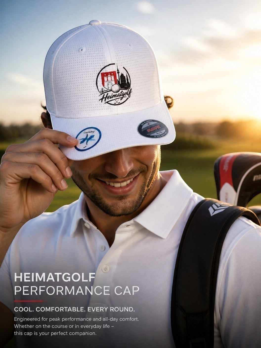 City Golf Shop Heimatgolf Flexfit Cap in Weiß mit Hamburg-Logo, getragen von einem Golfer auf dem Golfplatz.