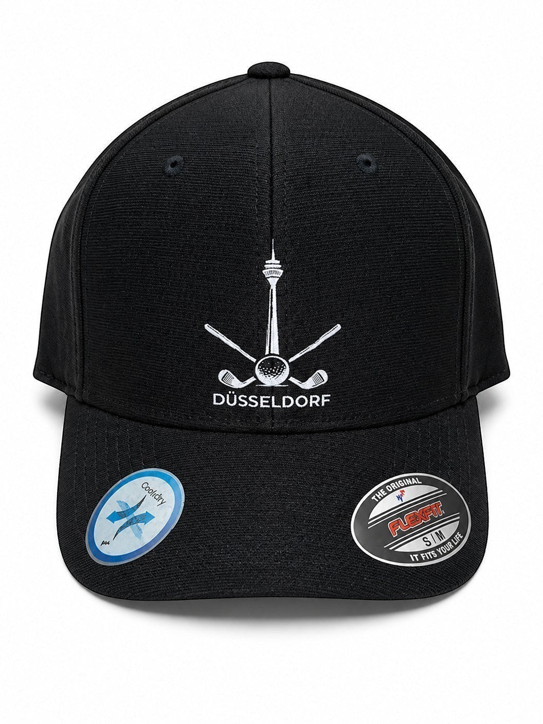 City Golf Shop Heimatgolf Flexfit Cap in Schwarz mit weißem Rheinturm-Logo, Golfschlägern und Cool-Dry-Technologie.