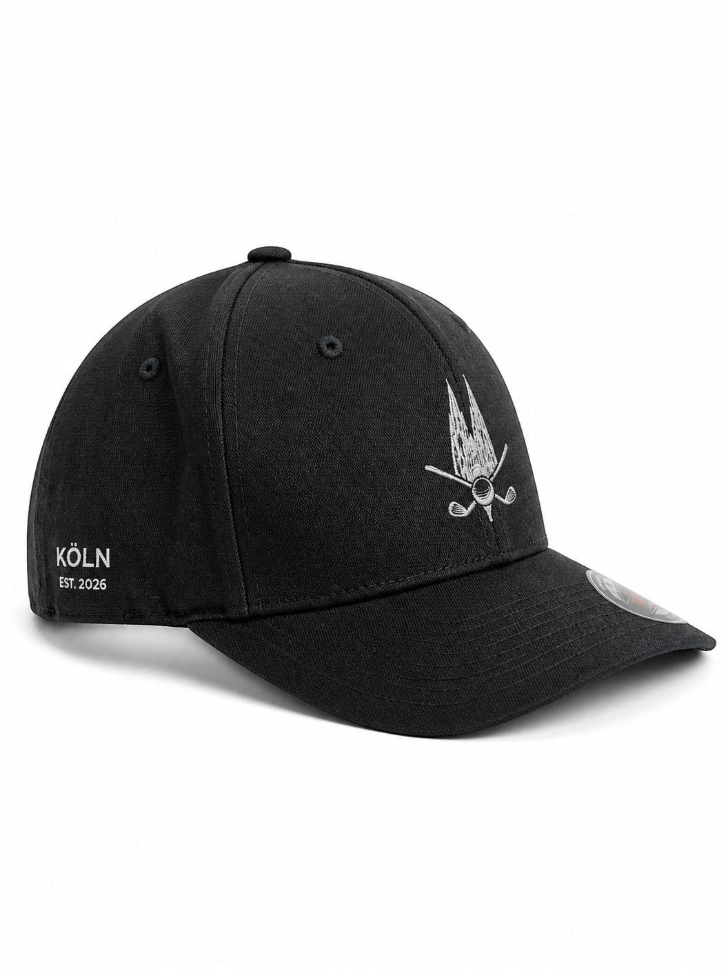 Schwarze City Golf Shop Flexfit Cap mit Kölner Dom Stickerei und Köln Est. 2026 Schriftzug an der Seite