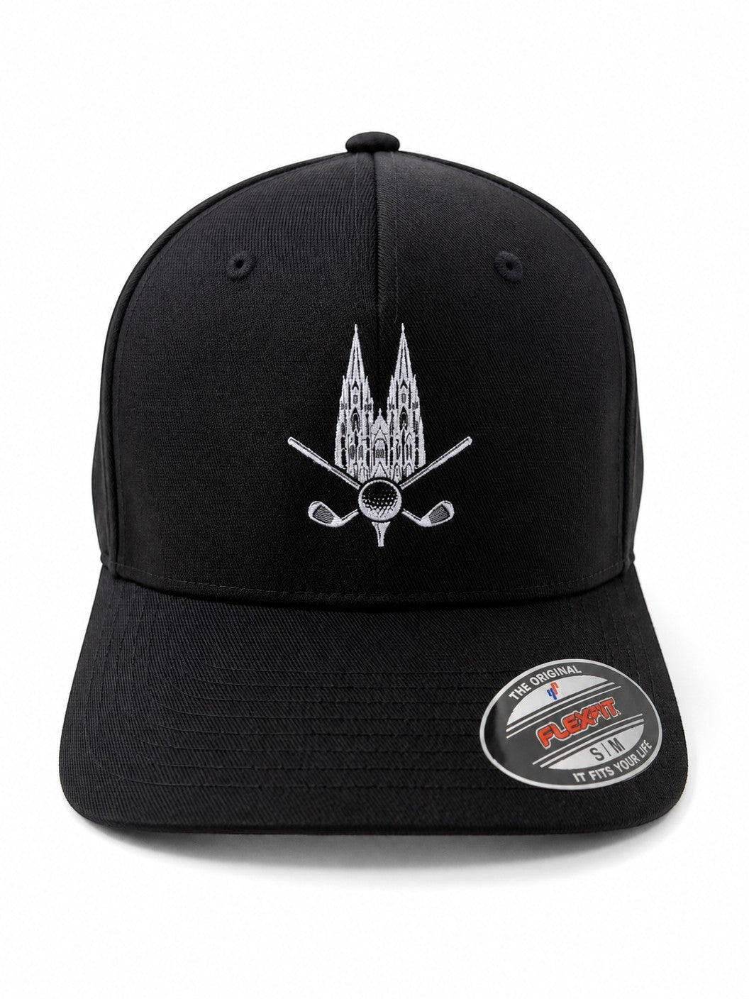 City Golf Shop Heimatgolf Flexfit Cap in Schwarz mit weißem Kölner Dom und Golfschläger-Stickerei auf der Front.