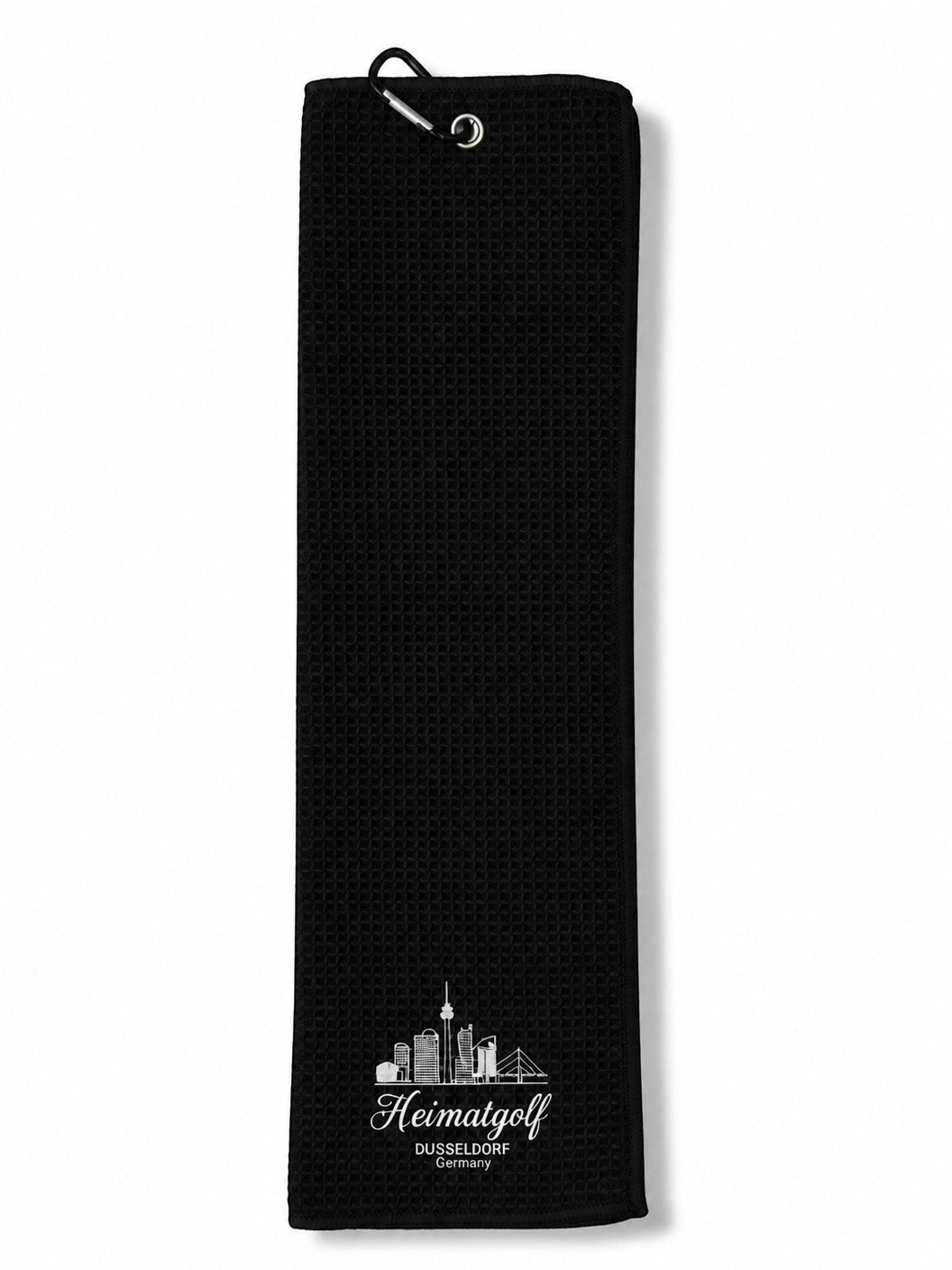 City Golf Shop Waffel-Golftuch in Schwarz mit weißem Skyline-Druck von Düsseldorf und praktischem Karabinerhaken.