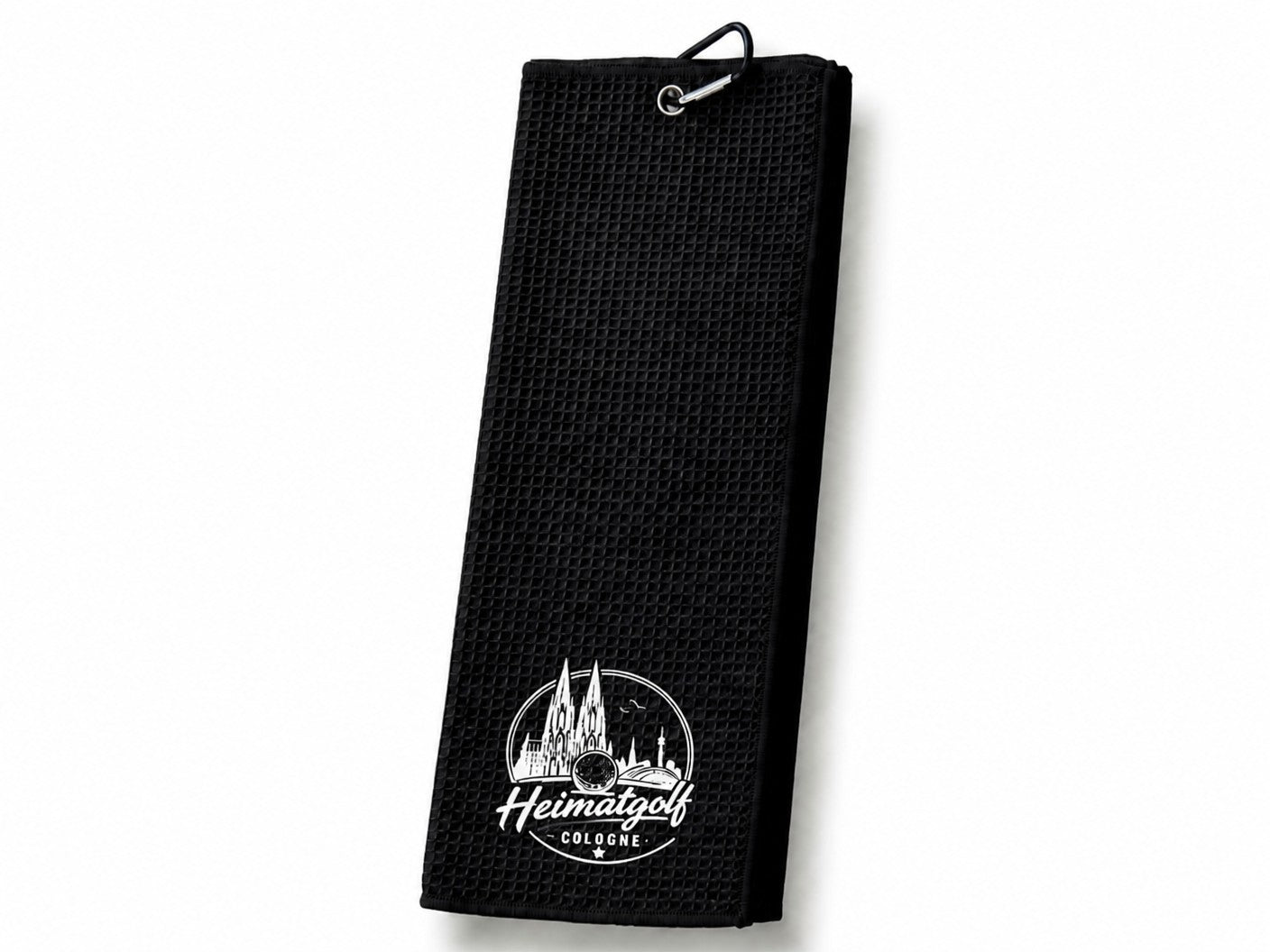 City Golf Shop schwarzes Waffel-Golftuch mit weißem Heimatgolf Köln Motiv und Karabinerhaken