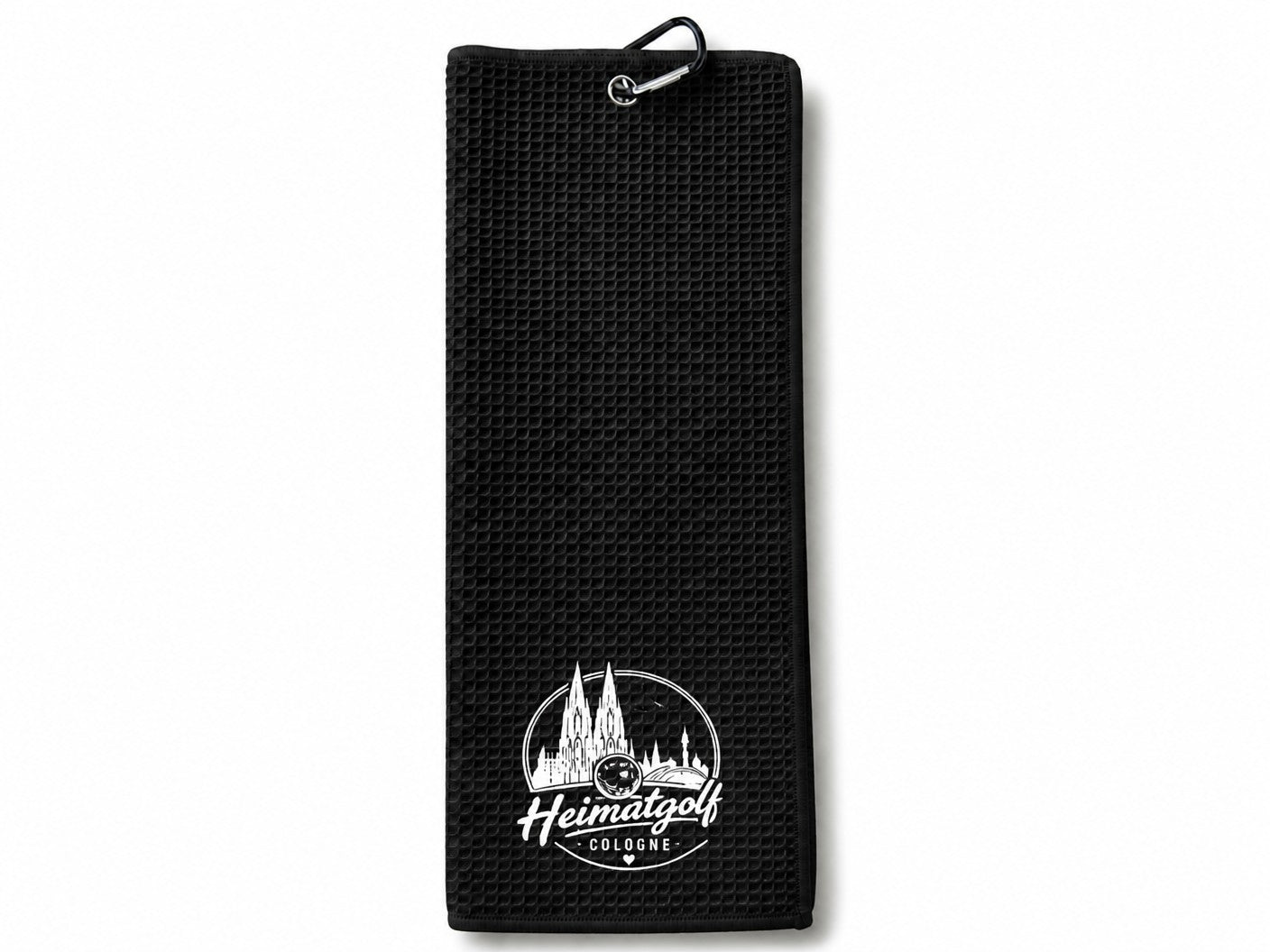City Golf Shop schwarzes Waffel-Golftuch mit weißem Heimatgolf Köln Motiv und Karabinerhaken