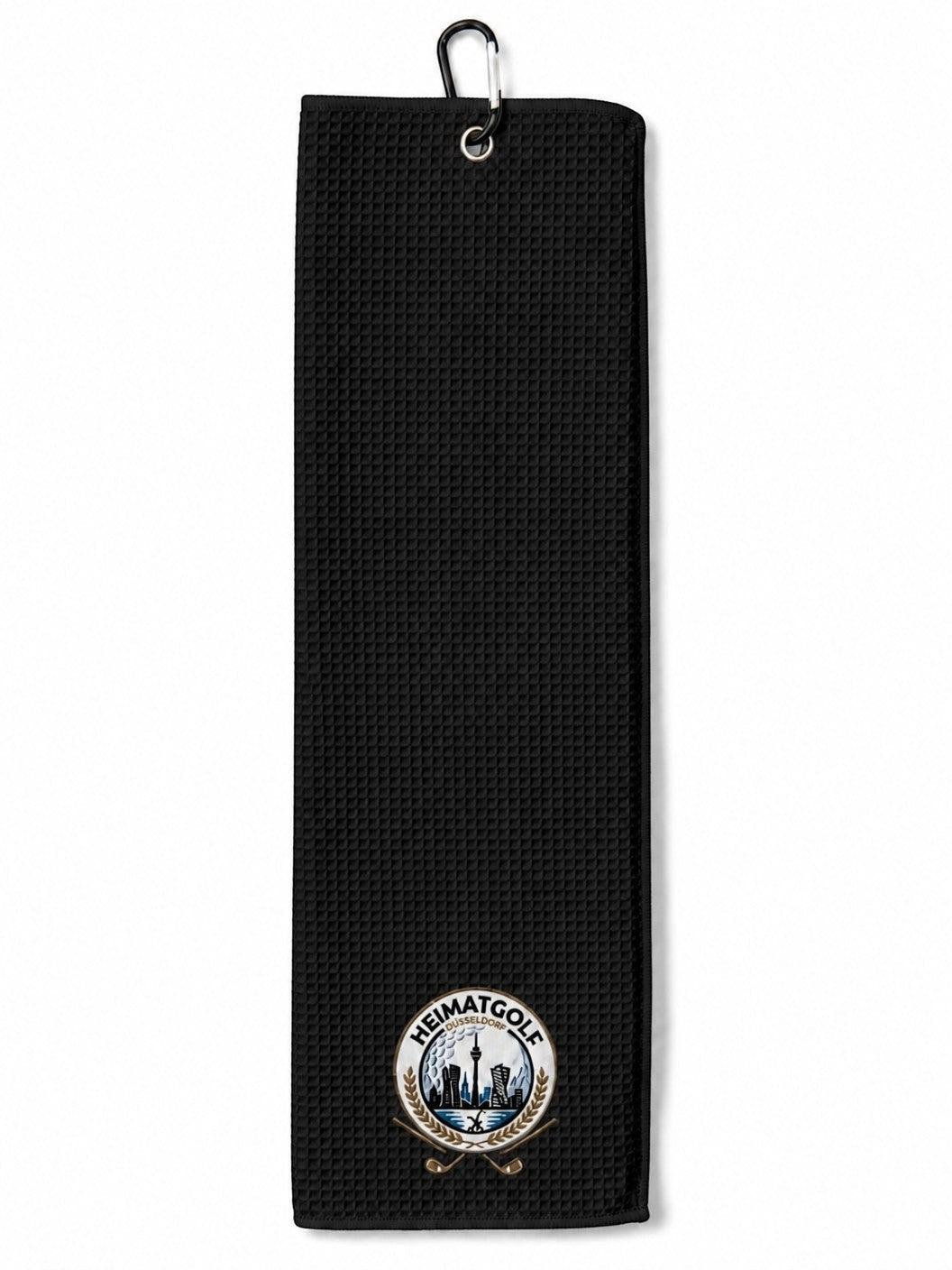 City Golf Shop schwarzes Waffel-Golftuch mit Heimatgolf Düsseldorf Radschläger-Motiv und praktischem Karabiner