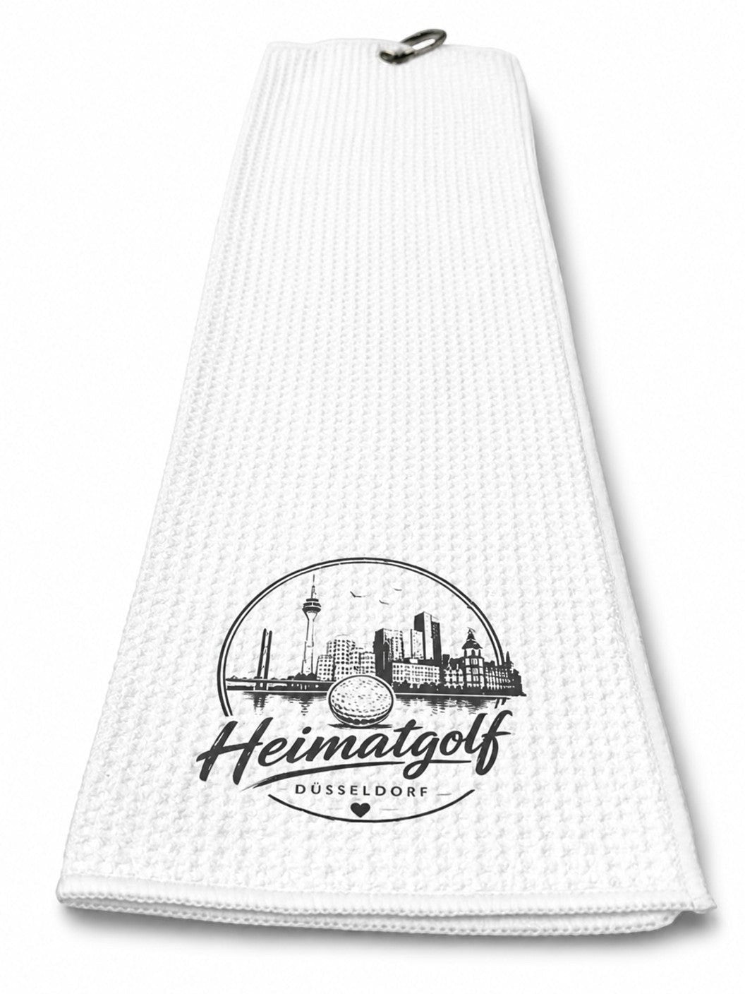 City Golf Shop Waffel-Golftuch in Weiß mit schwarzem Düsseldorf Skyline-Druck und Karabinerhaken