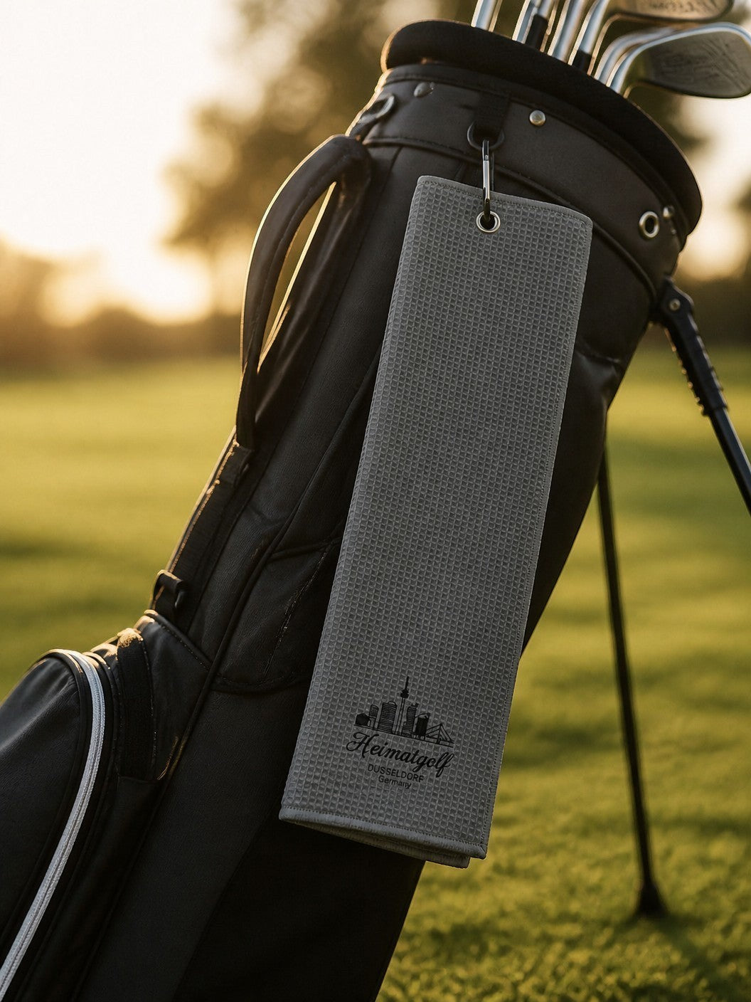 City Golf Shop Waffel-Golftuch in Grau mit Skyline-Motiv Düsseldorf, befestigt an einem Golfbag auf dem Green.