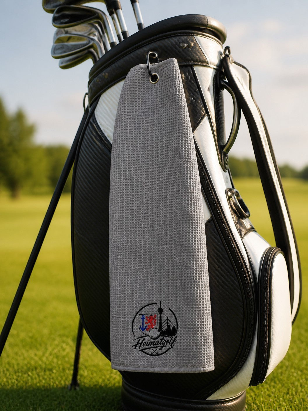 City Golf Shop Waffel-Golftuch in Grau mit Düsseldorf Stadtwappen Motiv, befestigt an einem Golfbag auf dem Green.