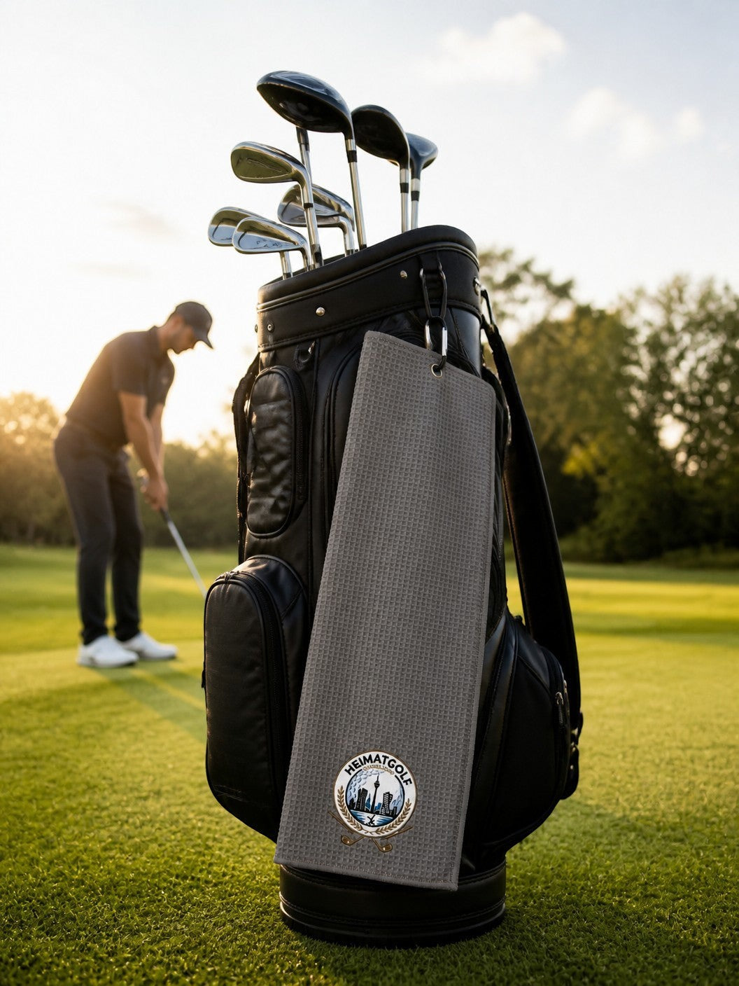 City Golf Shop Waffel-Golftuch in Grau mit Radschläger-Motiv, befestigt an einem Golfbag auf dem Golfplatz.