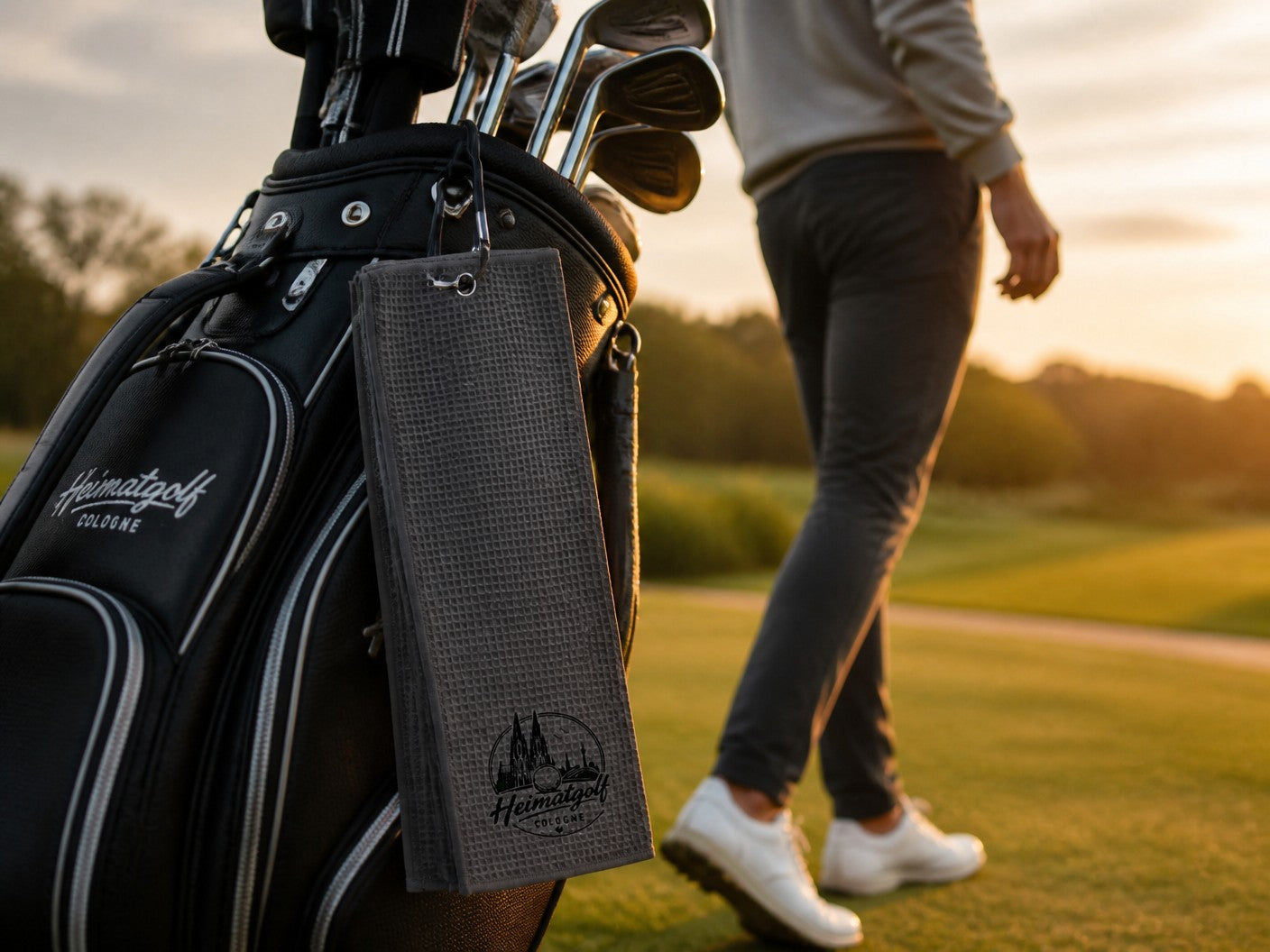 City Golf Shop Waffel-Golftuch in Grau mit Heimatgolf Köln Motiv, befestigt an einem Golfbag auf dem Golfplatz.