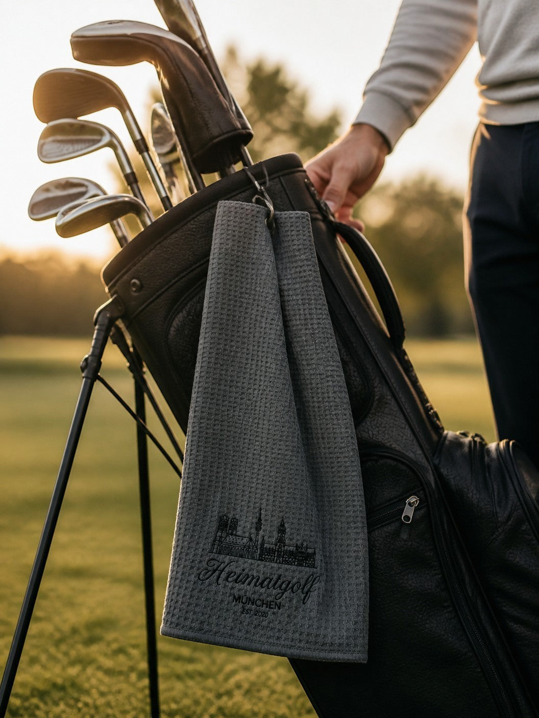 City Golf Shop Waffel-Golftuch in Grau mit München-Motiv, befestigt an einem Golfbag auf dem Golfplatz.