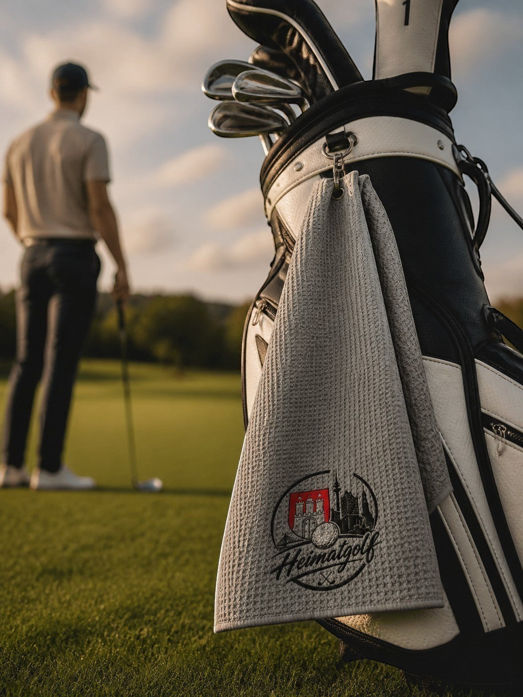 City Golf Shop Waffel-Golftuch in Grau mit Hamburg Stadtwappen Motiv, befestigt an einem Golfbag auf dem Golfplatz.